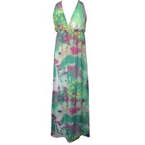 Mon Amie Green and Pink Chiffon Y2K Floral Maxi Dress • Feminine • Size M